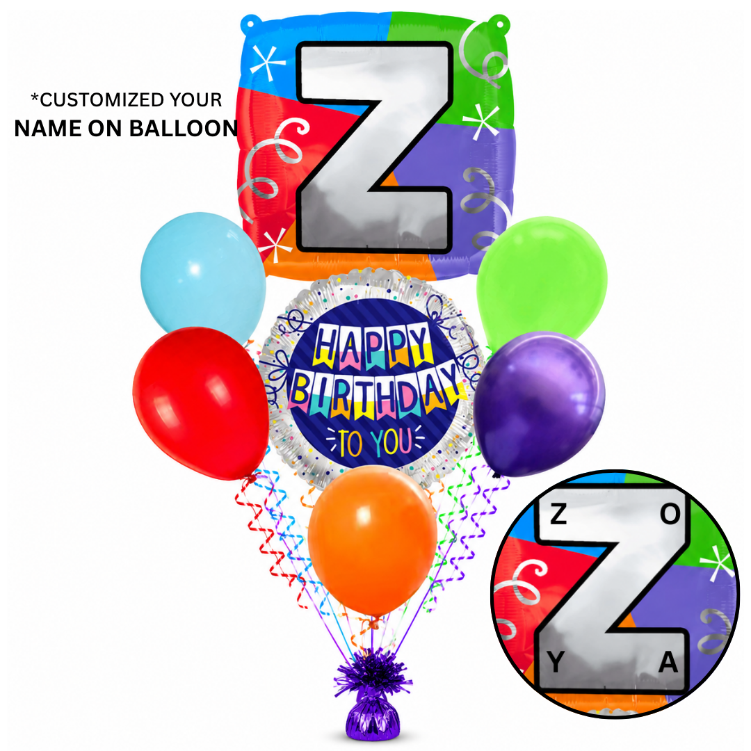 Customizable Alphabet "Z" Square Shaped Balloon with Customized Name Stickers Bouquet Set of 7PC | Customizable Name Initial Balloons | Choose Your Name | Helium Filled & Delivers Inflated