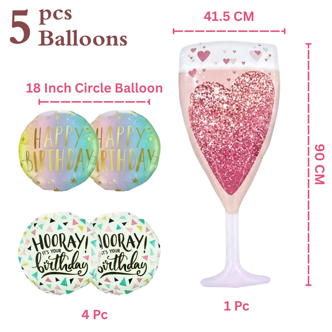 Pink Champagne Glass Helium Balloon Set of 5 (Champagne Supershape + Birthday Balloons) | Pre-Inflated & Delivered | Birthday Decoration