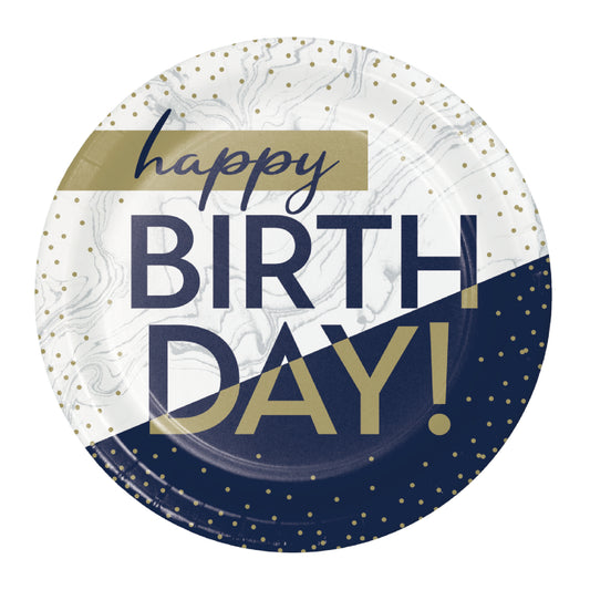 Happy Birthday Navy Blue & Gold Paper Plates 9 inch - 8PC