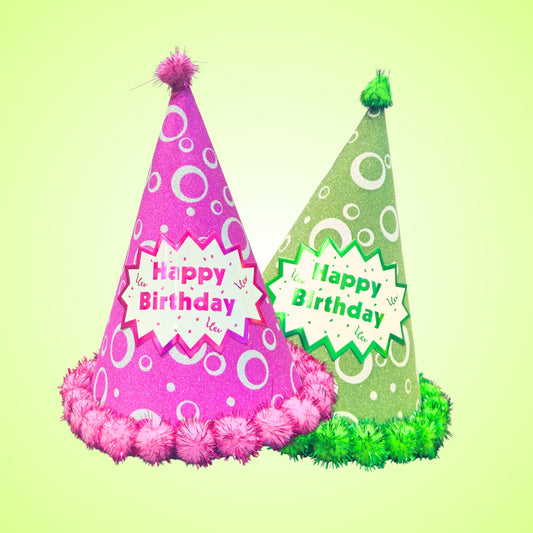 Happy Birthday Party Hats w/Polka Dot & Pom Pom - 2PC