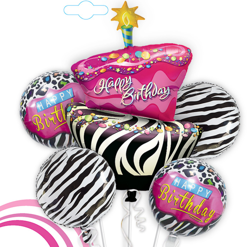 Happy Birthday Pink & Black Zebra Stripes Balloon - Helium Filled - 5PC
