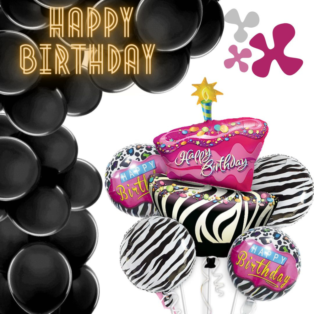 Happy Birthday Pink & Black Zebra Stripes Balloon - Helium Filled - 5PC