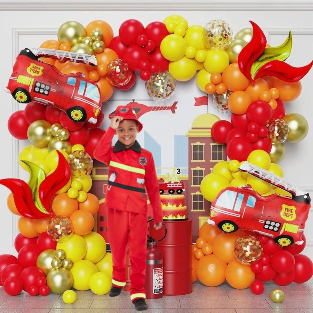 Fancy Fire Man Red Costume w/ Jacket, Pant, Hat for Kids -  Size L - Age 3-6 YRS - Set of 7