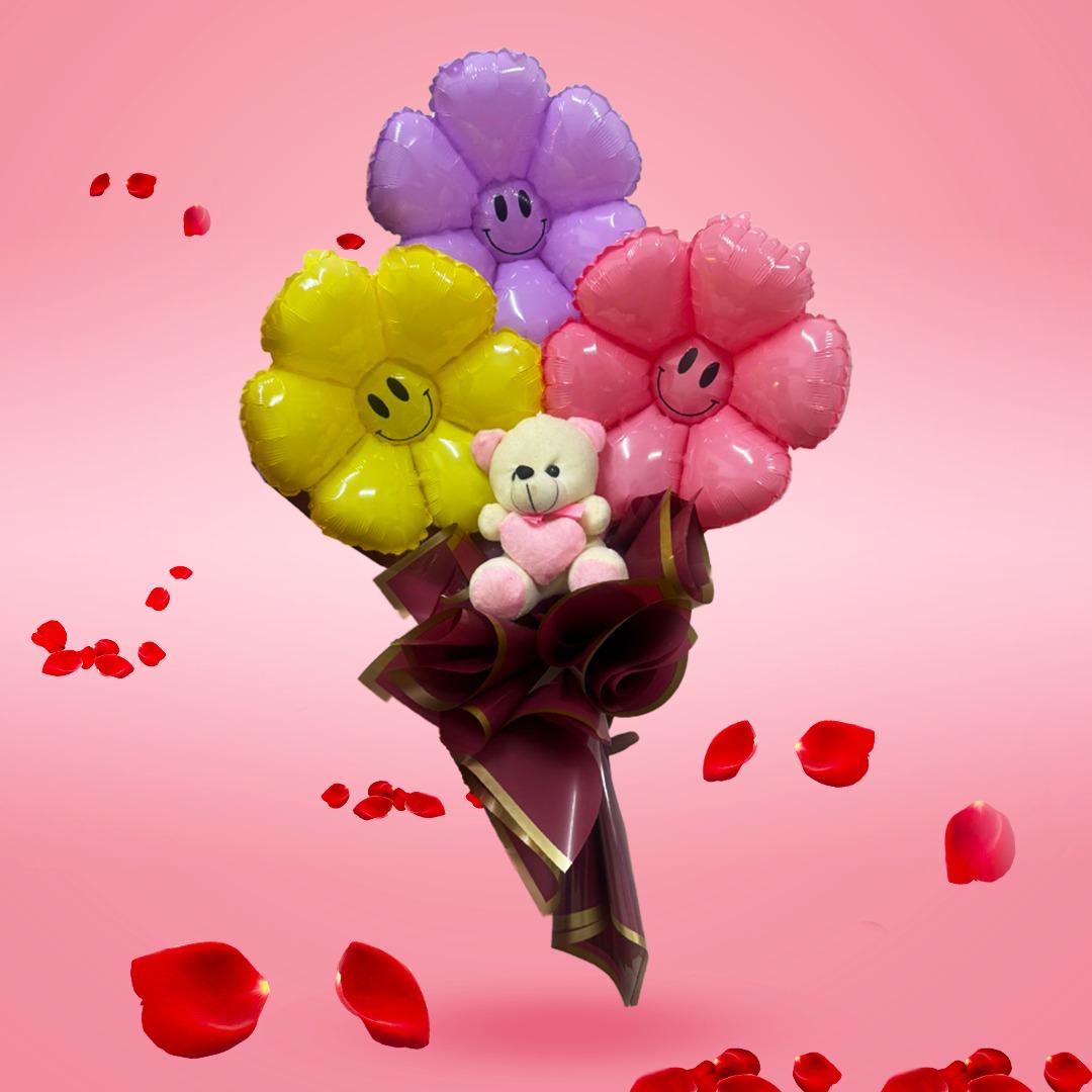 Smiling Flower Foil Balloon Bouquet w/Teddy Bear - 3PC