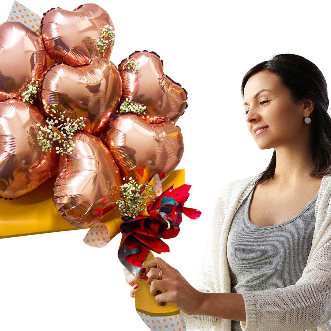 Rose Gold Heart Shape Foil Balloon Set w/ Gymsum Flowers - Air Filled - 10 inches - 7PC