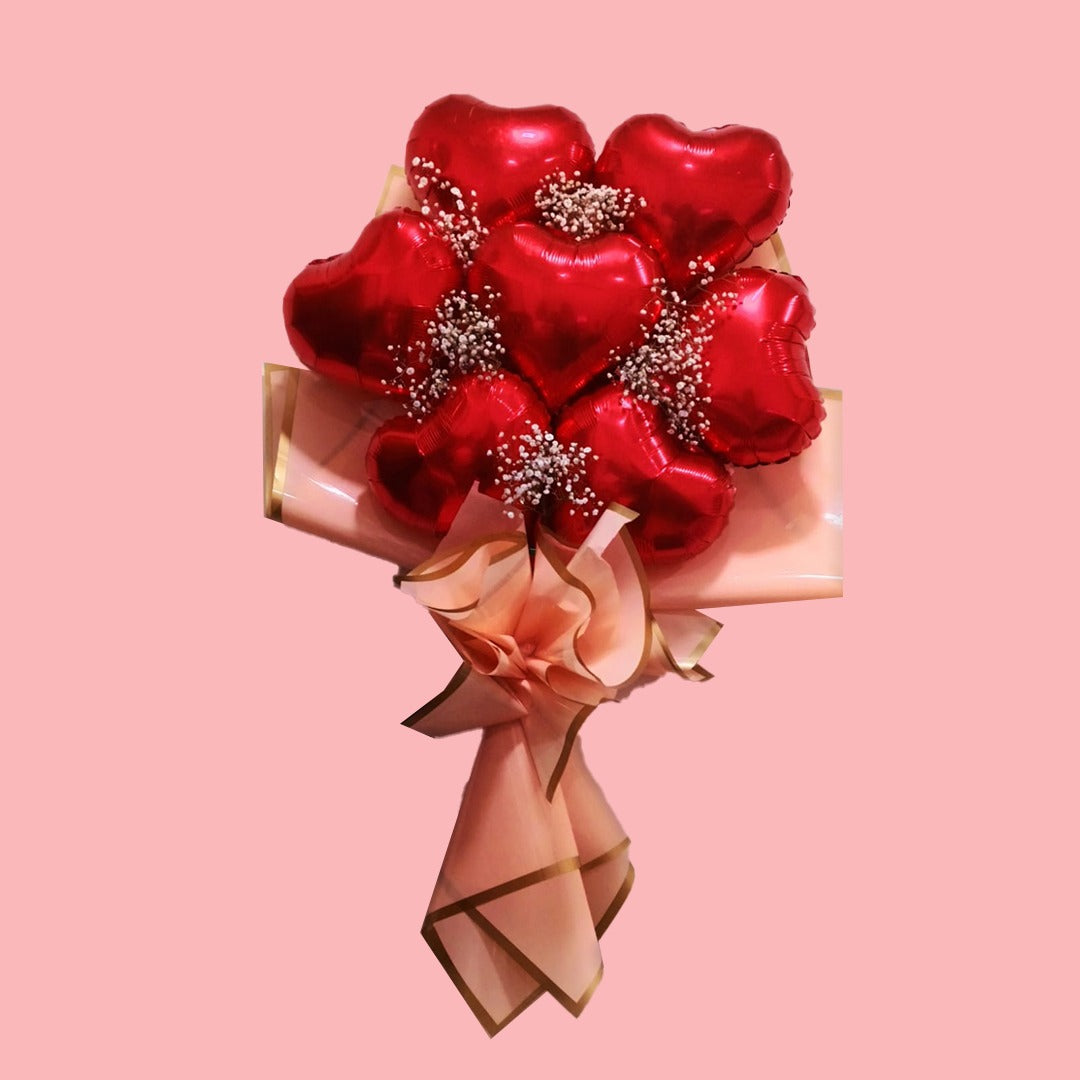 Red Heart Shape Foil Balloon Set w/ Gymsum Flowers - Air Filled - 10 inches - 7PC