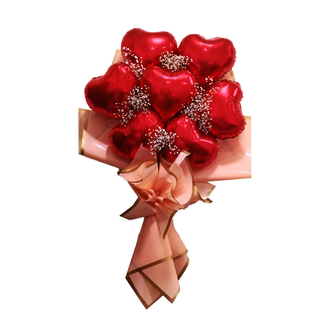 Red Heart Shape Foil Balloon Set w/ Gymsum Flowers - Air Filled - 10 inches - 7PC
