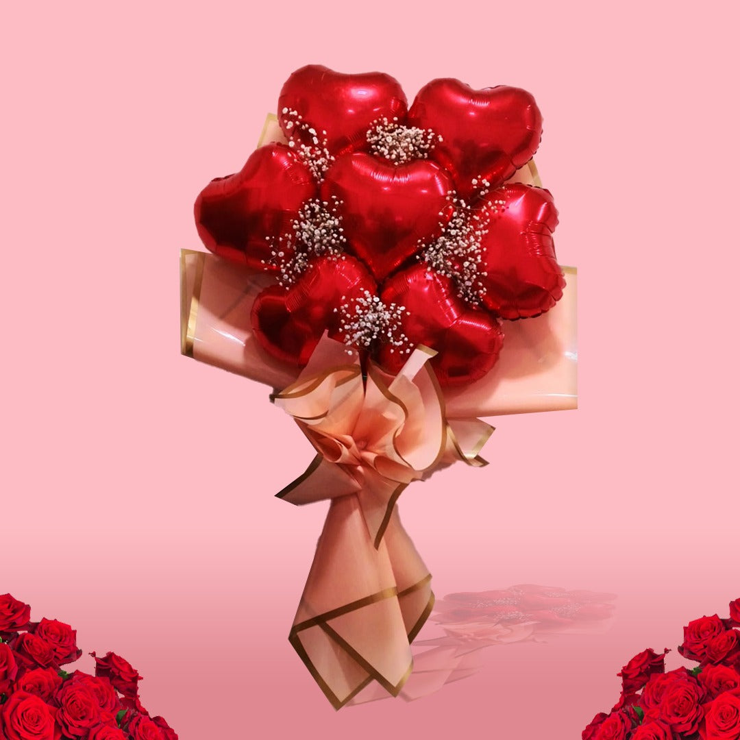 Red Heart Shape Foil Balloon Set w/ Gymsum Flowers - Air Filled - 10 inches - 7PC