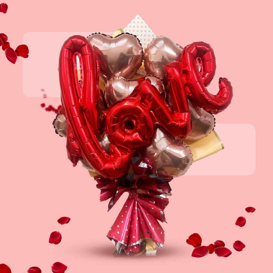 Rose Gold Heart Shape Foil Balloon Set w/ Red L-O-V-E Shaped Foil Ballon - 8PC