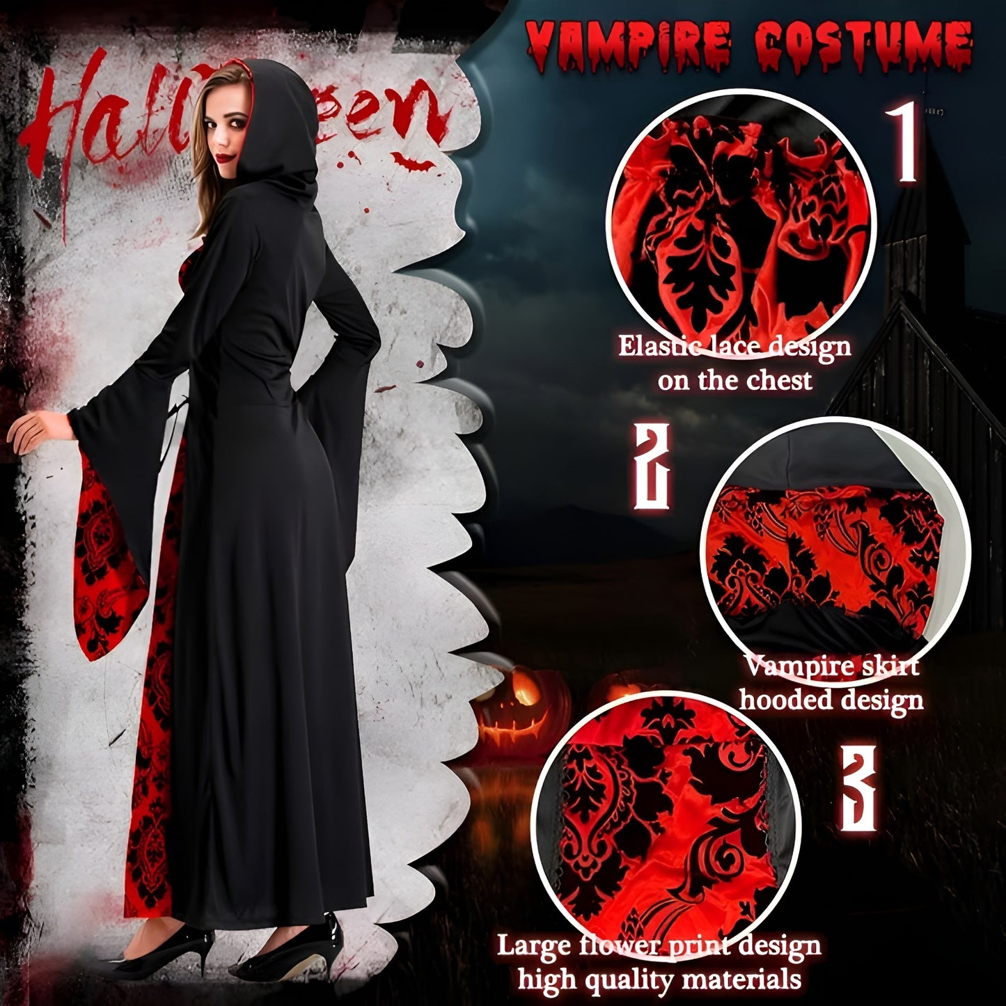 Gothic Black & Red Gown for Women for Halloween/ Theme Party - Size L - 1PC