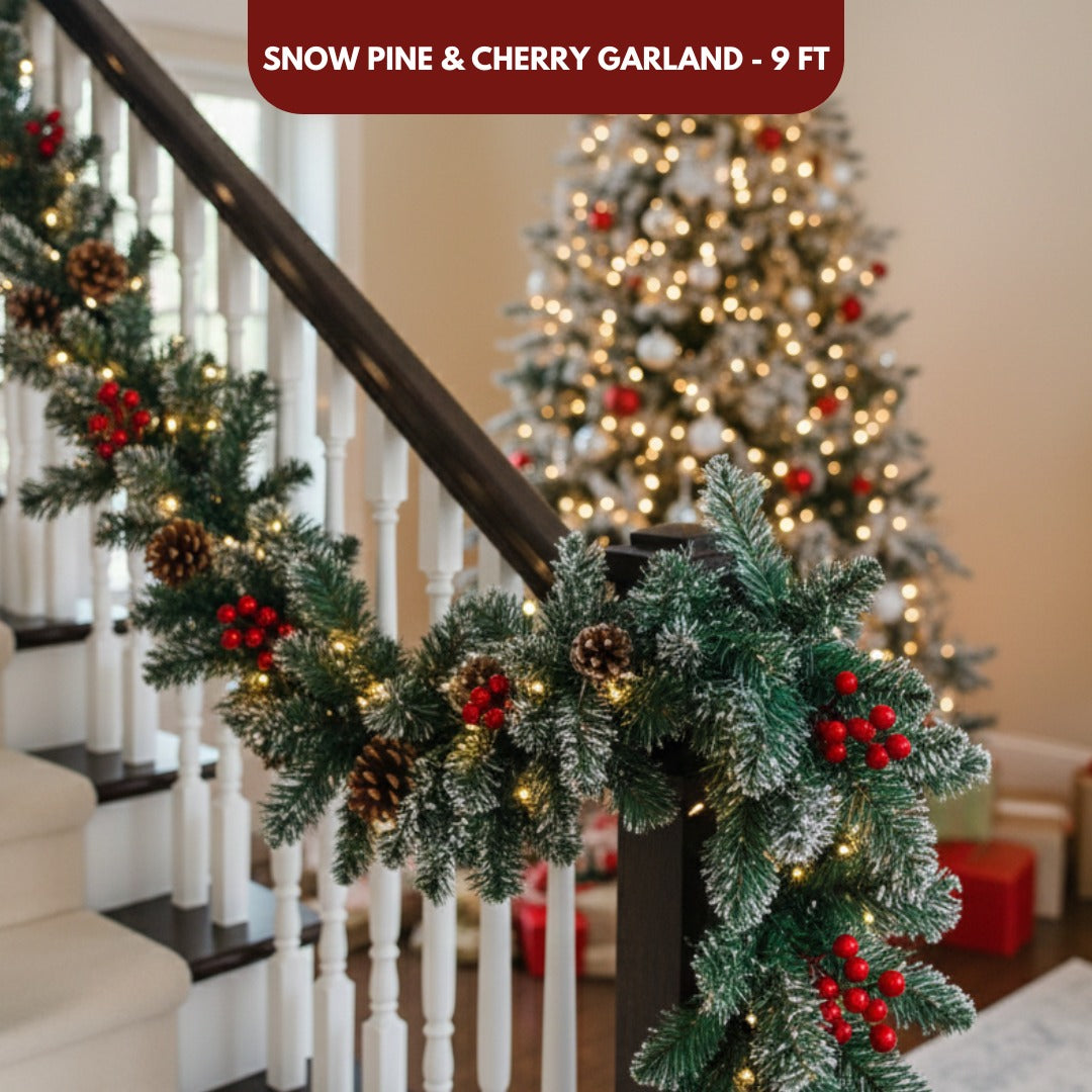 Christmas SnowTop Cherry & Pine Garland - 9FT
