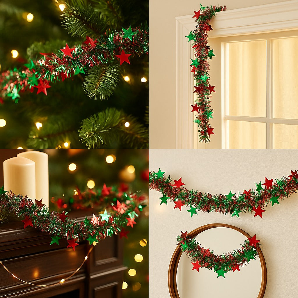 Fringe Wired Red & Green 2D Stars Tree Wraps or Garland - 1PC