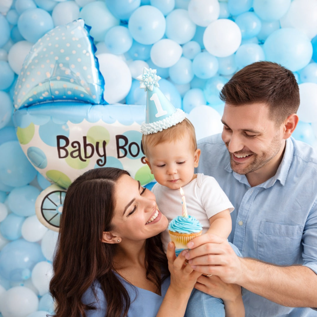Welcome Baby Boy Pram Shape Foil Balloon on Stick - Air Filled - 1PC - Wanna Party - flat lay