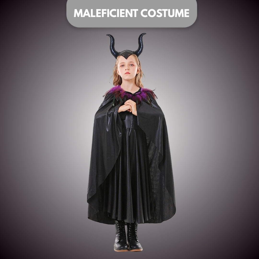 Maleficient Costume with Black Leathery Vest, Black Capes with Black and Purple Feathers and Black Maleficient Glittery Headband - Size XL - Age 10 to 12