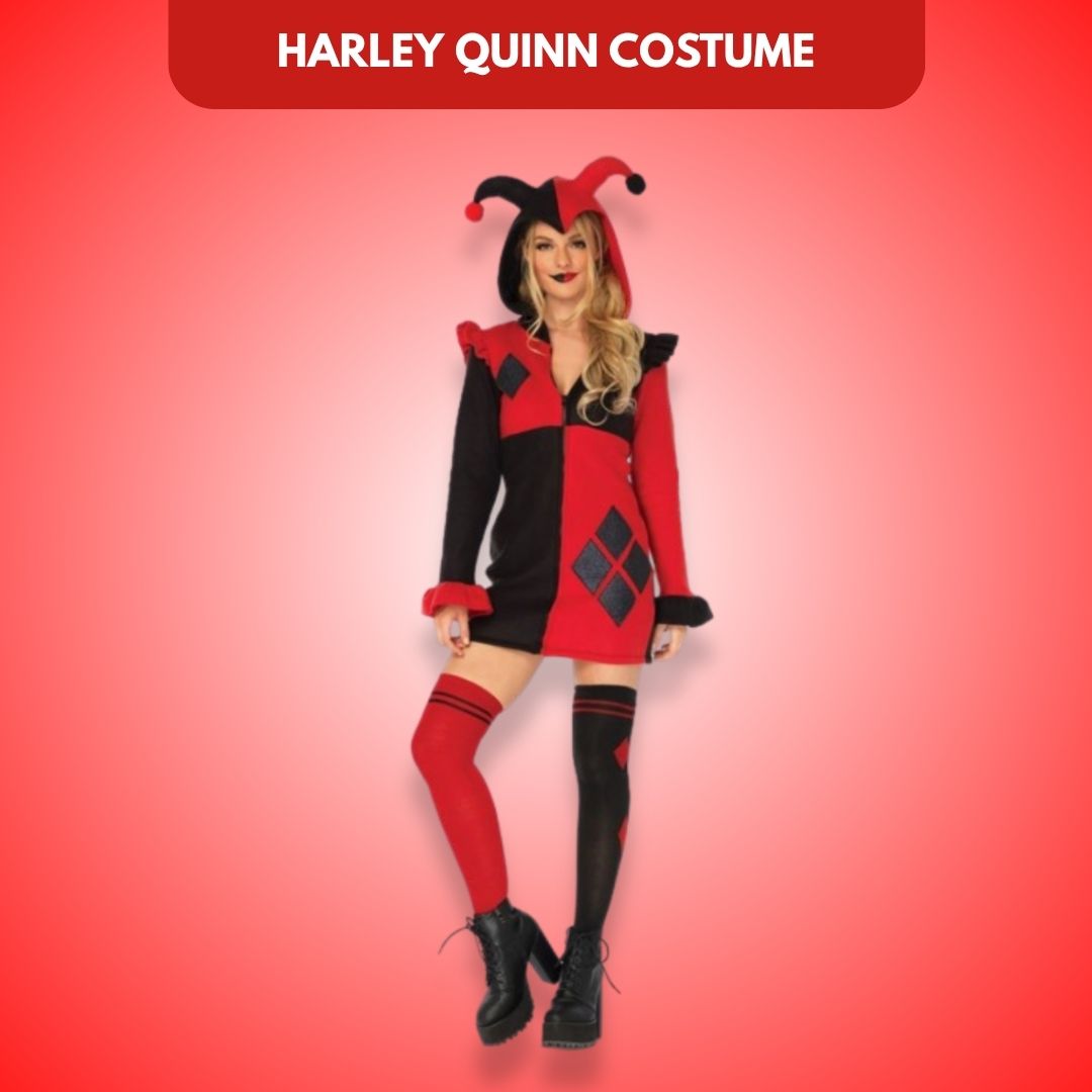 ladies villain fancy dress Super Harley Quinn Comic Red & Black Women Costume with Hood – Wanna Party Disney costumes
