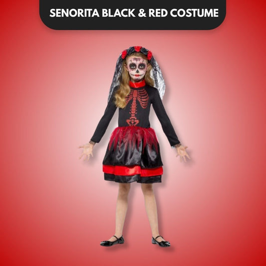 Dead Senorita Black & Red Costume w/3D Ribcage Print & Veil - Size M - Age 3 -5 YRS - 2PC