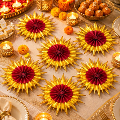 Red & Golden Paper Fan Decorations – Pack of 6 | Festive Hanging Wall Decor for Diwali, Weddings, Birthday Parties & Celebrations