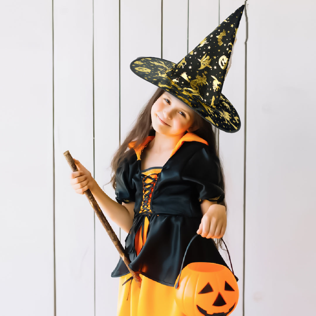 Witch Hat with Golden Pumpkin Bat Print for Halloween - 1PC