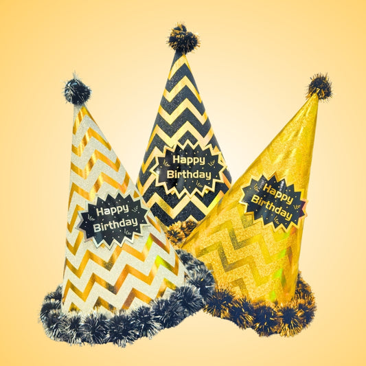 Happy Birthday Party Hats w/ Zig Zag Print & Pom Pom - 3PC
