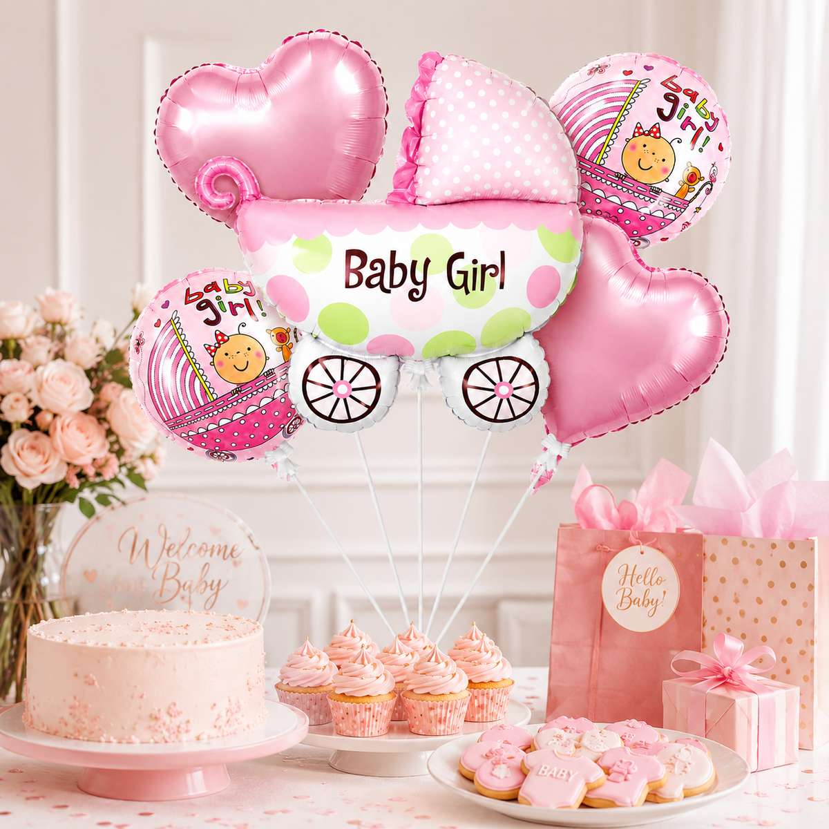 Baby Girl Pram Shaped Balloon Bouquet Set - 5PC | Helium Filles & Dleivers Inflated