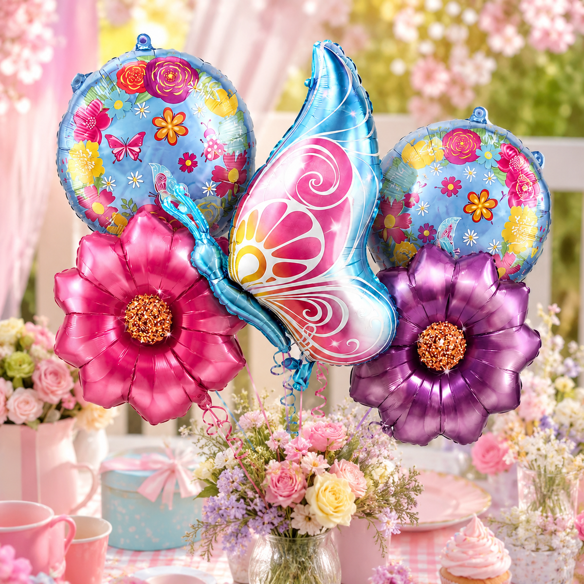 Pink Champagne Bottle Shaped Birthday Balloon Bouquet Set - 5PC | Helium Filled and Delivers Inflated