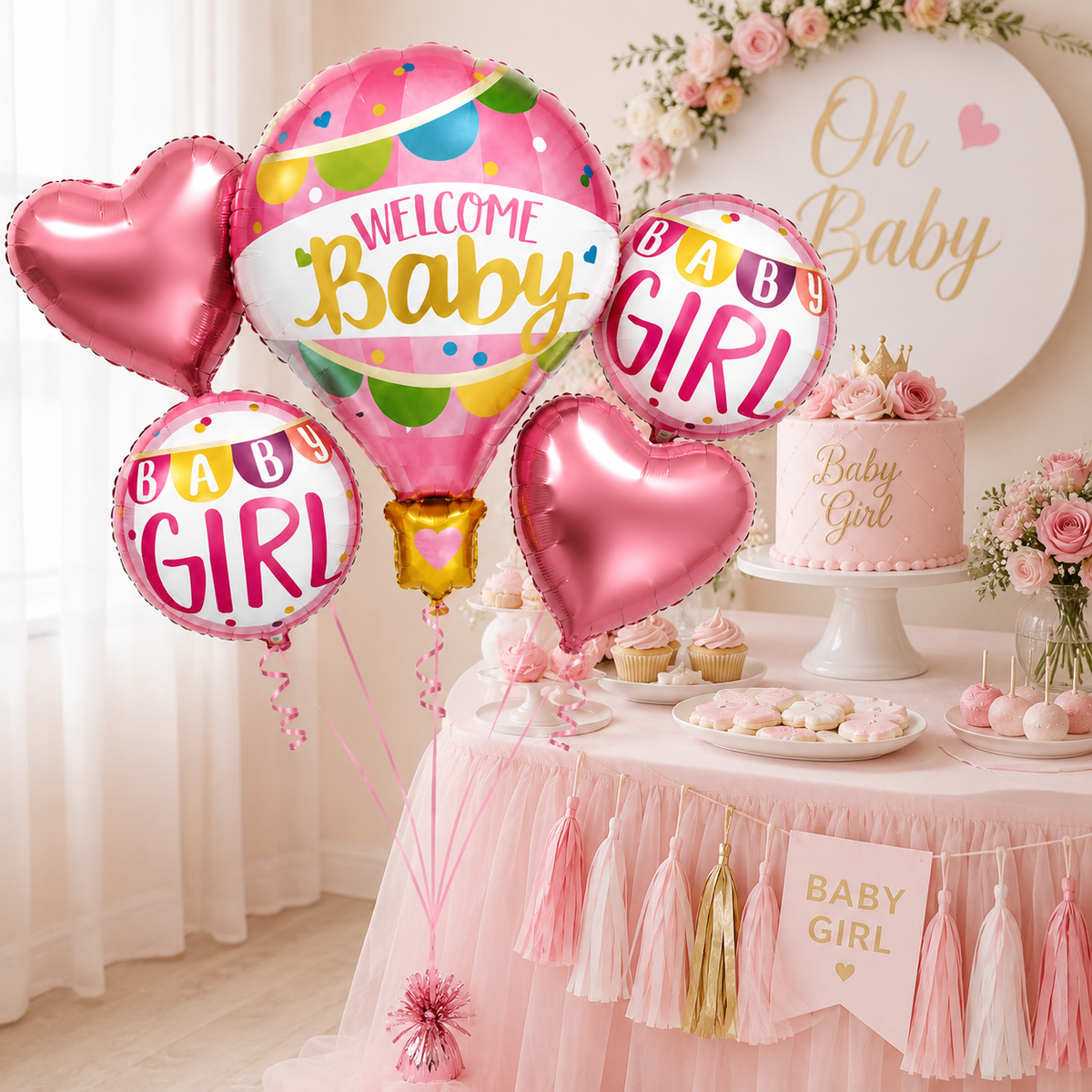 Hot Air Balloon Pink It's a Girl Balloon Bouquet Set - 5PC | Helium Filles & Delivers Inflated