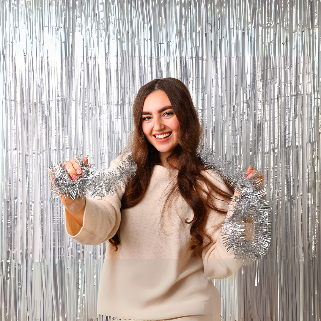 Silver Curved Effect Foil Curtain for Ceiling Decoration - 15FT X 1 FT - 1PC