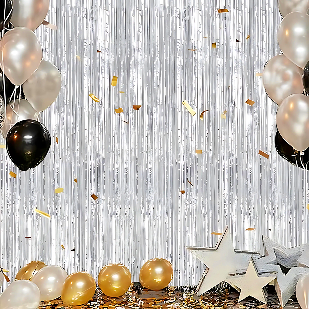 Silver Curved Effect Foil Curtain for Ceiling Decoration - 15FT X 1 FT - 1PC