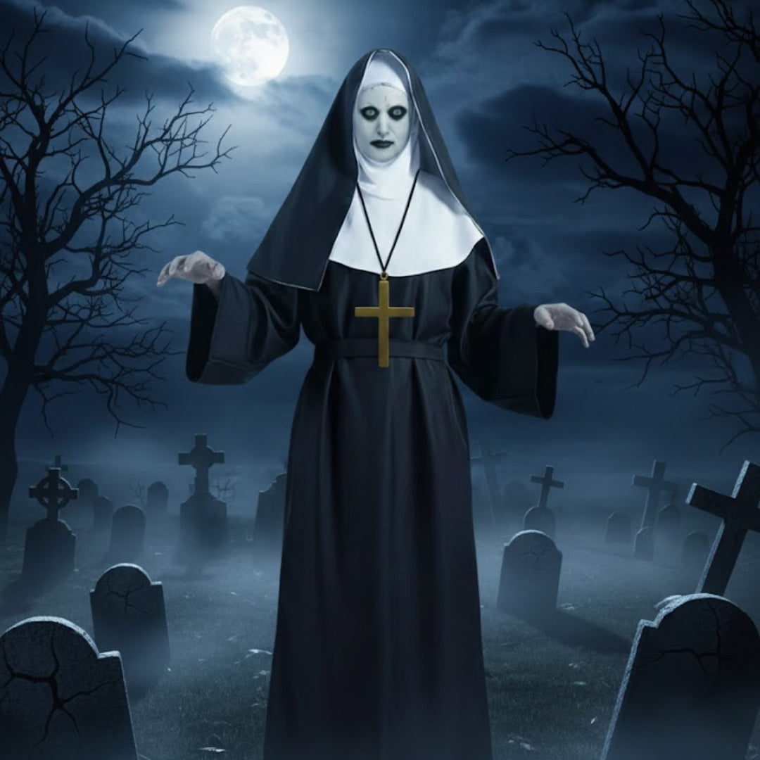 Conjuring Nun Costume Adult Large w/ Waist Belt and Latex Mask - Size XL