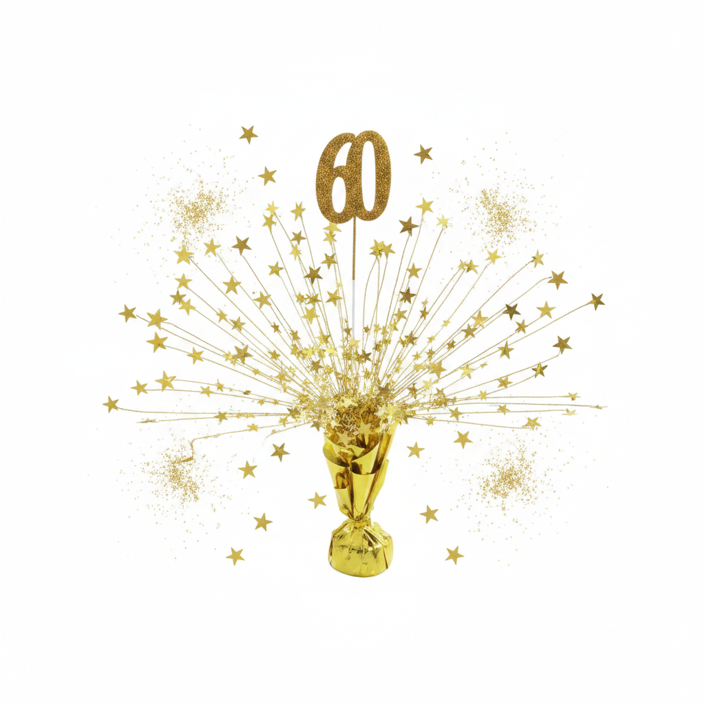 Gold 60th birthday centerpiece flat lay on white background gold foil starburst spray star accents and glittery number 60 pick topper