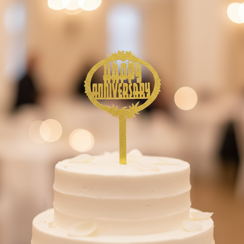 Close up detail of Happy Anniversary gold acrylic oval cake topper with decorative border on white cake