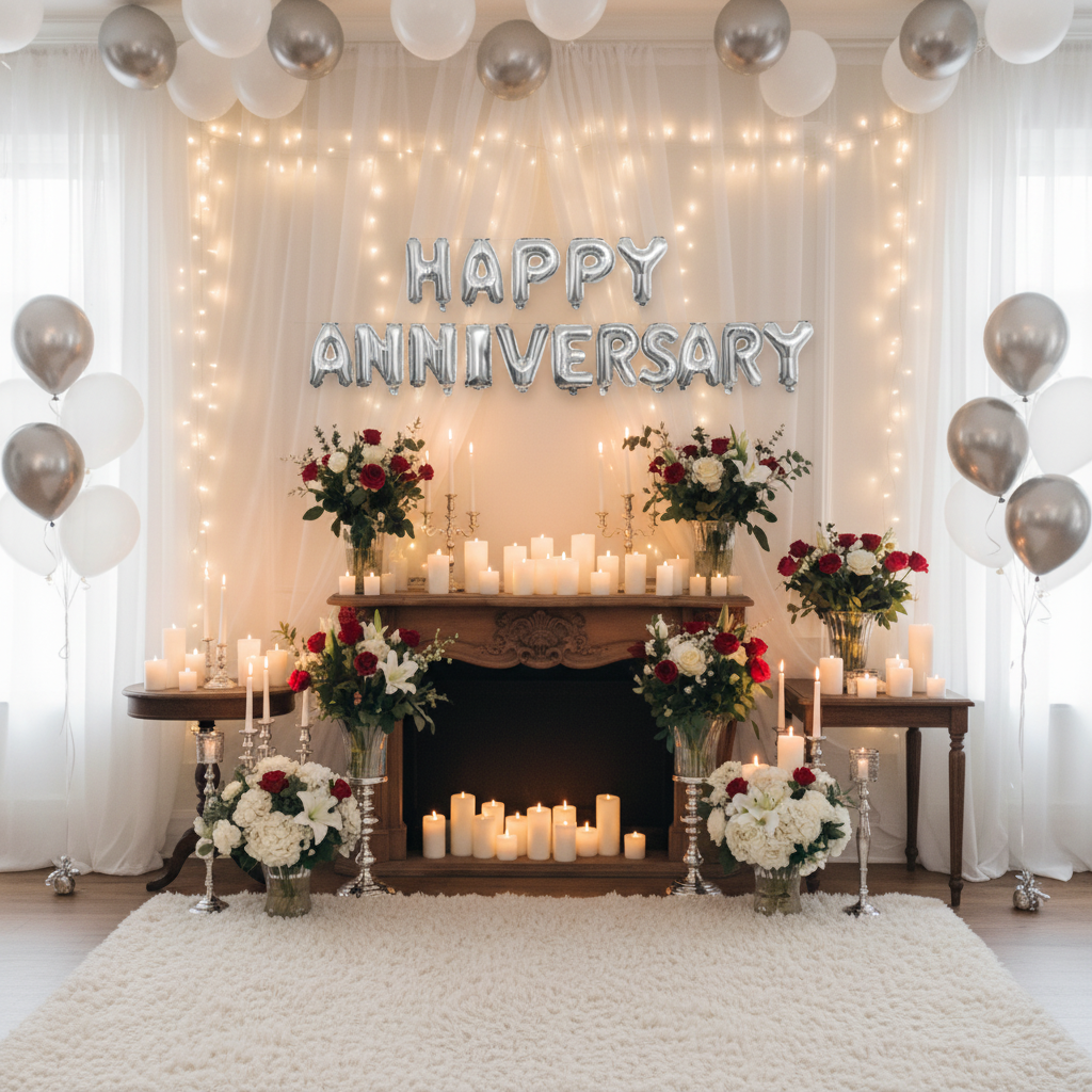 Happy Anniversary Silver Banner - Anniversary Room Decoration