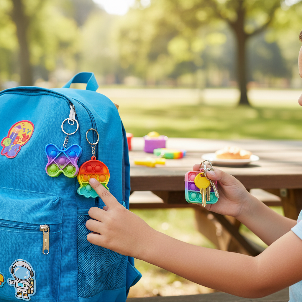 Pop It Keychain Return Gifts attached to school bag and keys