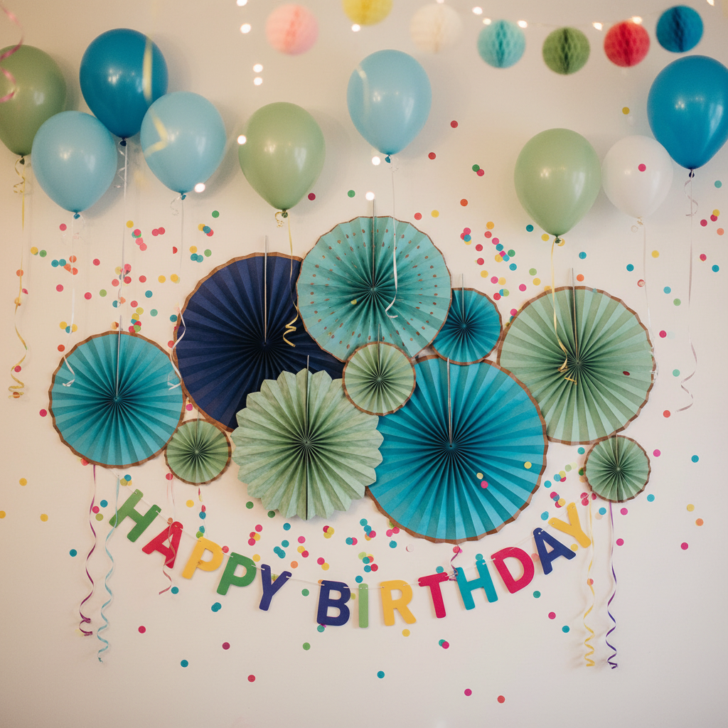 Blue Teal Paper Fans at Kids Birthday Party Wall