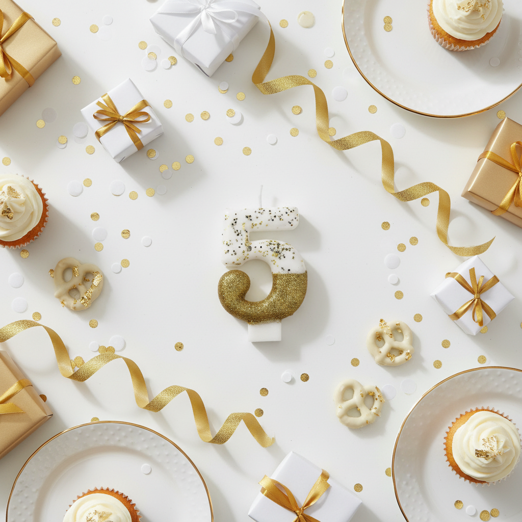 Semi glitter gold and white number 5 candle flat lay with gold ribbons gift boxes and party decor