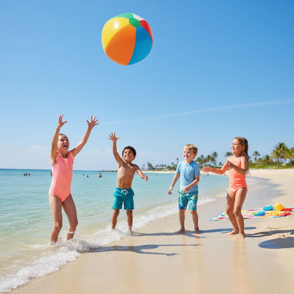 Colorful multicolor beach ball 12 inch inflatable kids playing at sunny beach party rainbow panels red blue yellow green orange
