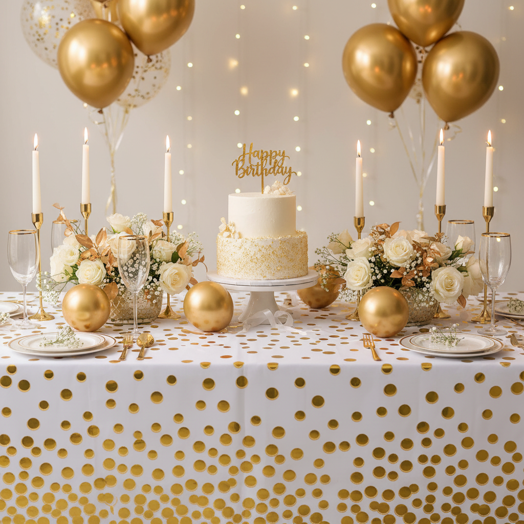 White Gold Polka Dot Tablecover party setup