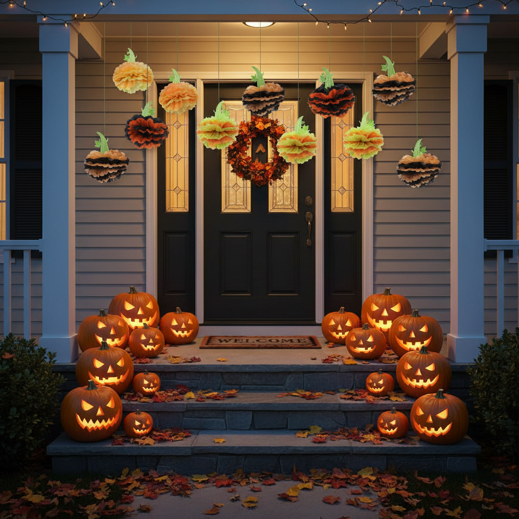 Pumpkin Pom Poms at Halloween Porch Decoration