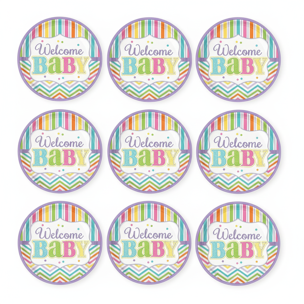 Welcome Baby shower dessert plates 9PC flat lay on white background pastel rainbow stripes chevron pattern and Welcome Baby text