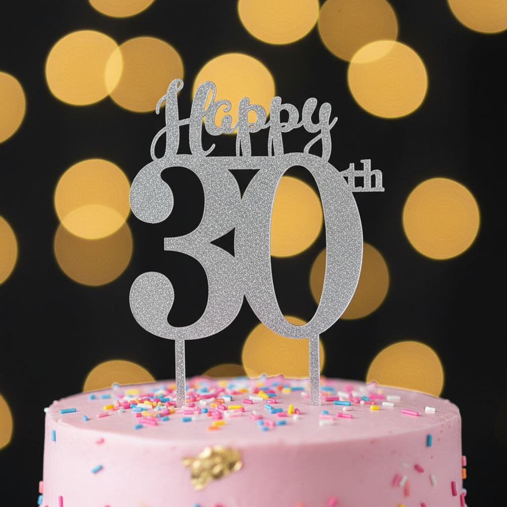 Close up detail of Happy 30th acrylic silver cake topper showing elegant lettering and silver finish