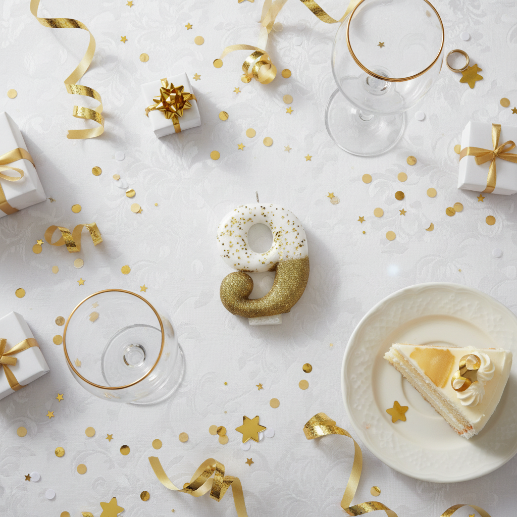 Semi glitter gold and white number 9 candle flat lay with gold ribbons gift boxes and party decor
