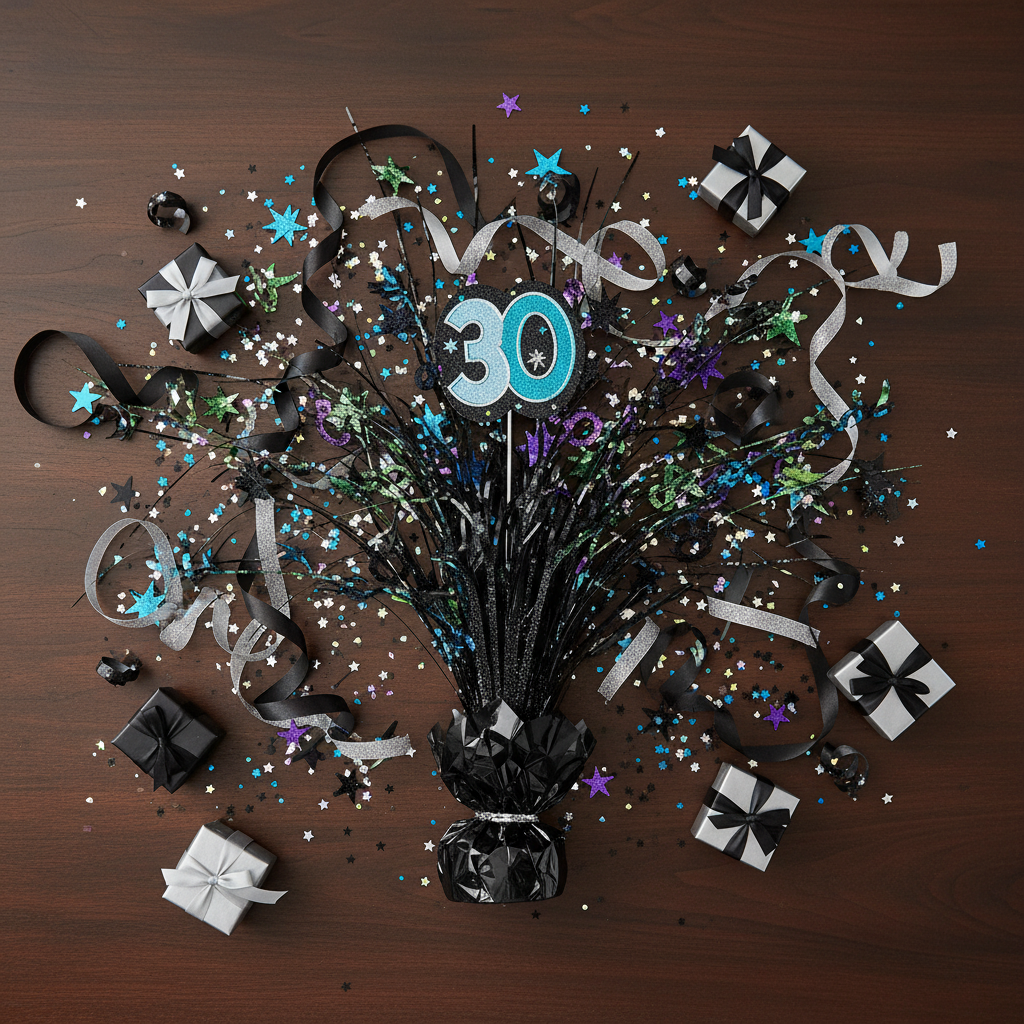 Black glitter spray centerpiece number 30 flat lay with black silver ribbons gift boxes and confetti