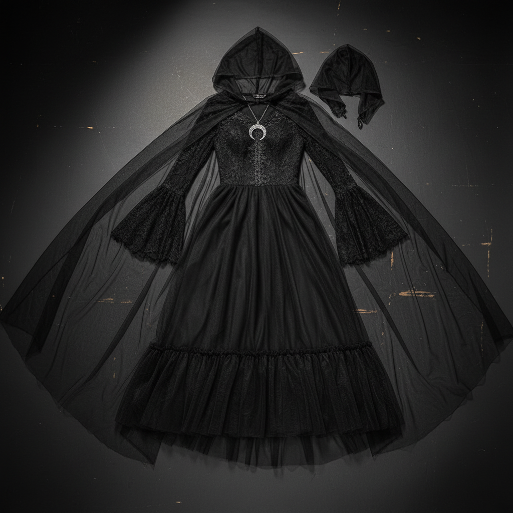 Spooky sassy black witch costume flat lay showing long black dress with dramatic sheer net cape
