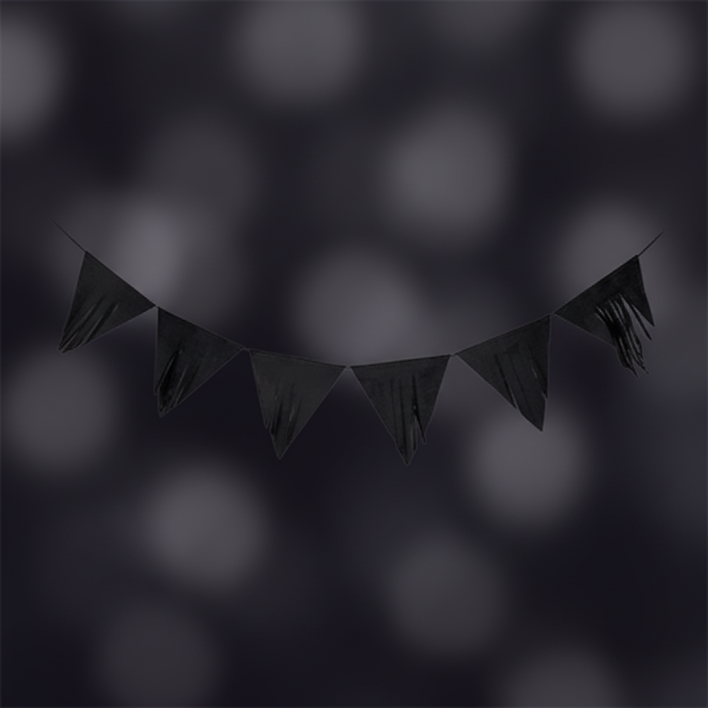 Close up detail of black triangular pennant bunting flags with sketched texture hung with string