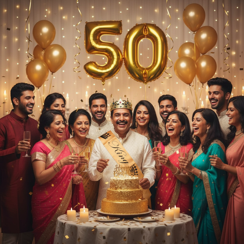 Indian birthday man wearing golden King sash at milestone birthday celebration with family