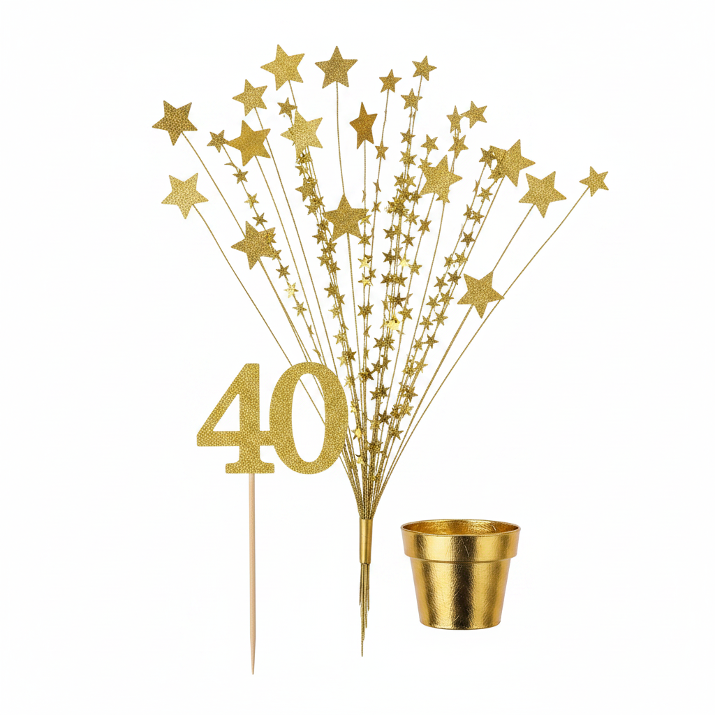 Gold 40th birthday centerpiece flat lay on white background gold foil starburst spray star accents and number 40 pick topper