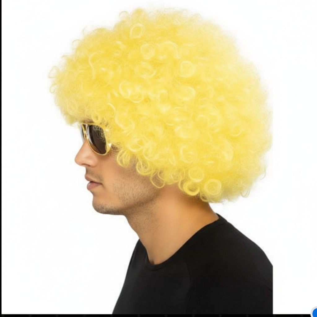 Person wearing giant yellow afro wig side view