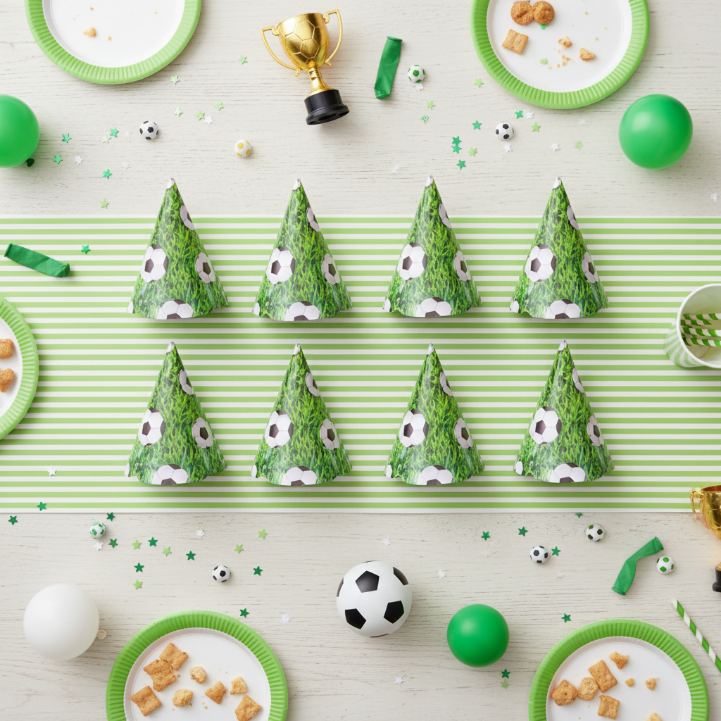 Soccer football themed paper party caps set of 8 flat lay with green decorations and football