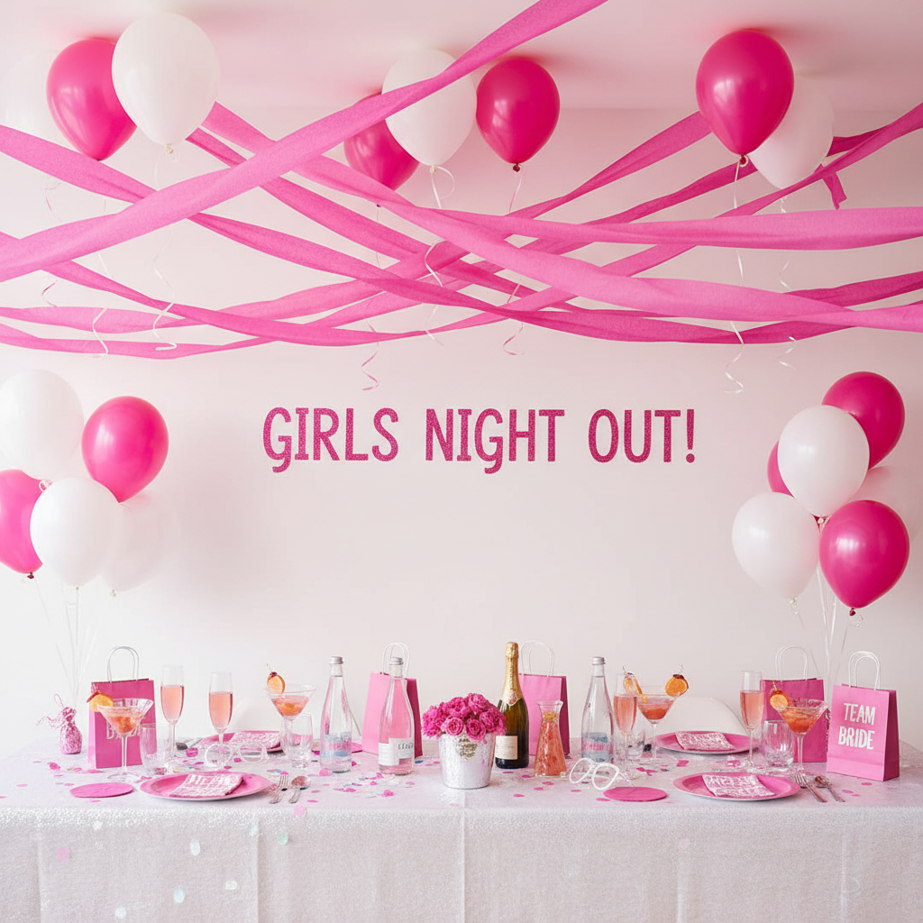 Hot pink streamers at bachelorette party setup