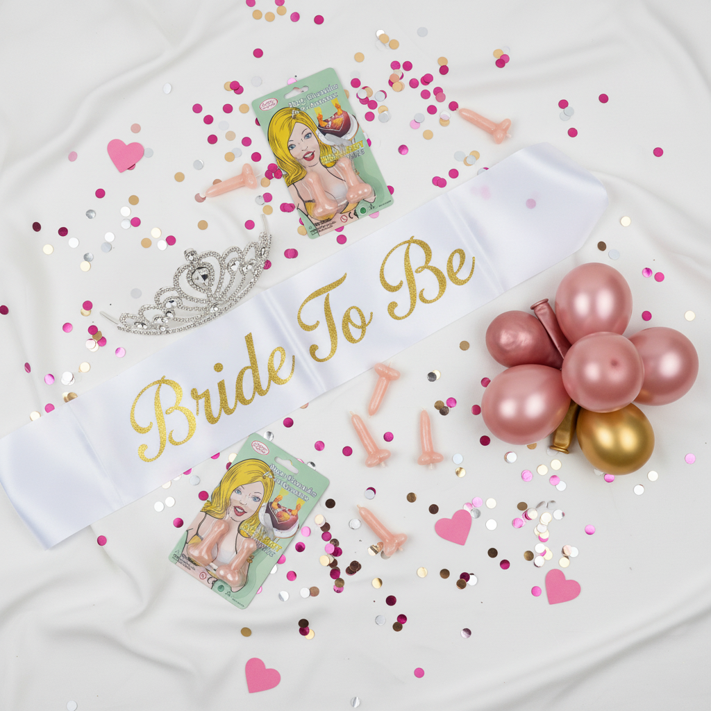 Flat lay of bachelorette party essentials with novelty candles pink gold balloons confetti bride to be sash